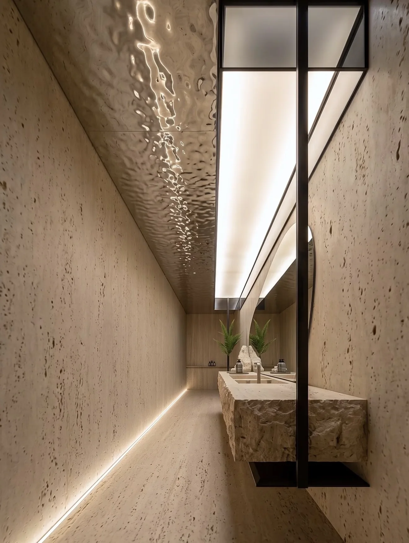 Travertine washroom corridor with a rough-hewn stone basin, hammered metal ceiling and LED floor strip