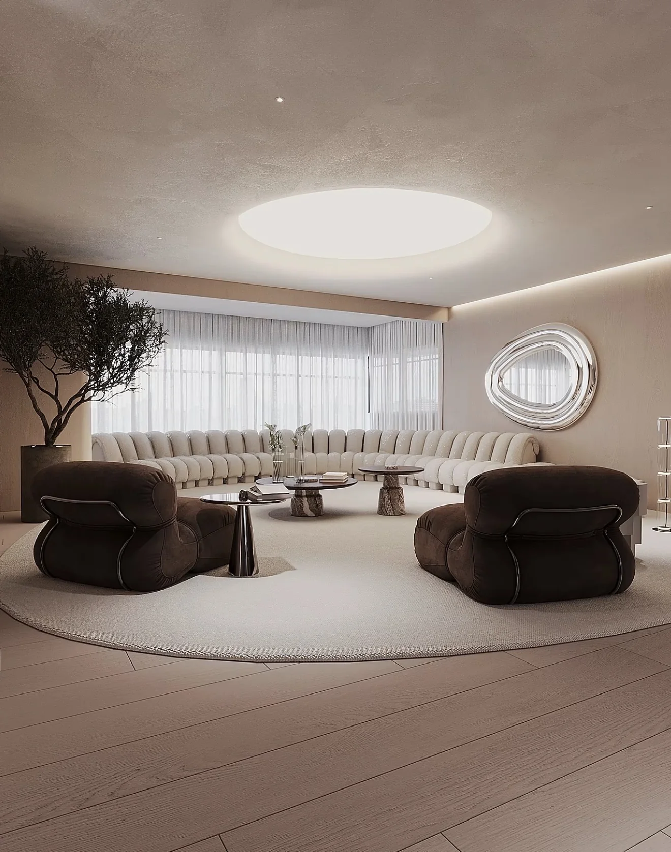 Warm neutral living room with a curved cream modular sofa, chocolate velvet armchairs and a round cove-lit ceiling